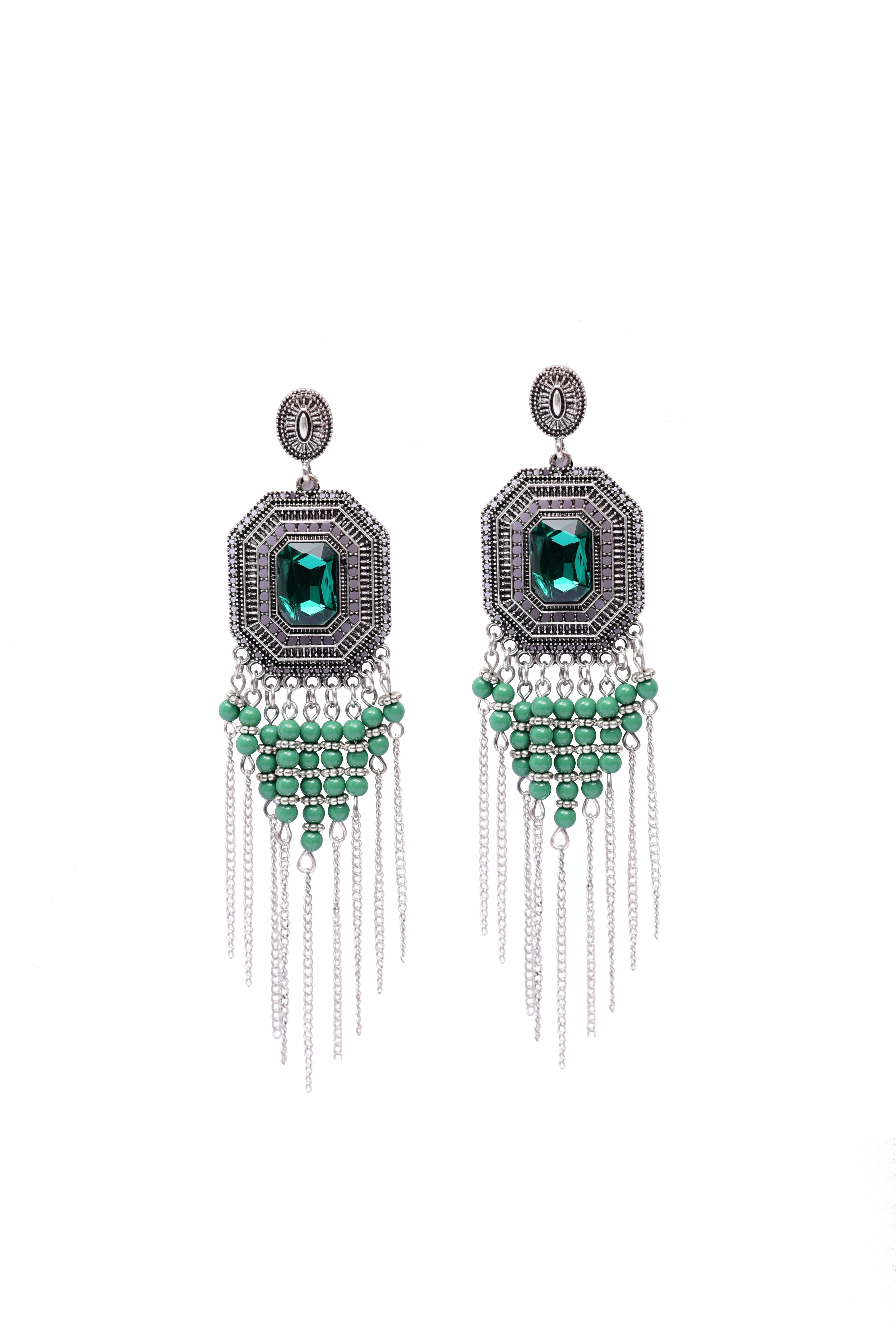 Namokriti Boho Elegance: Handcrafted Oxidized Silver Earrings with Stunning Green Stone & Beaded Chain Dangles